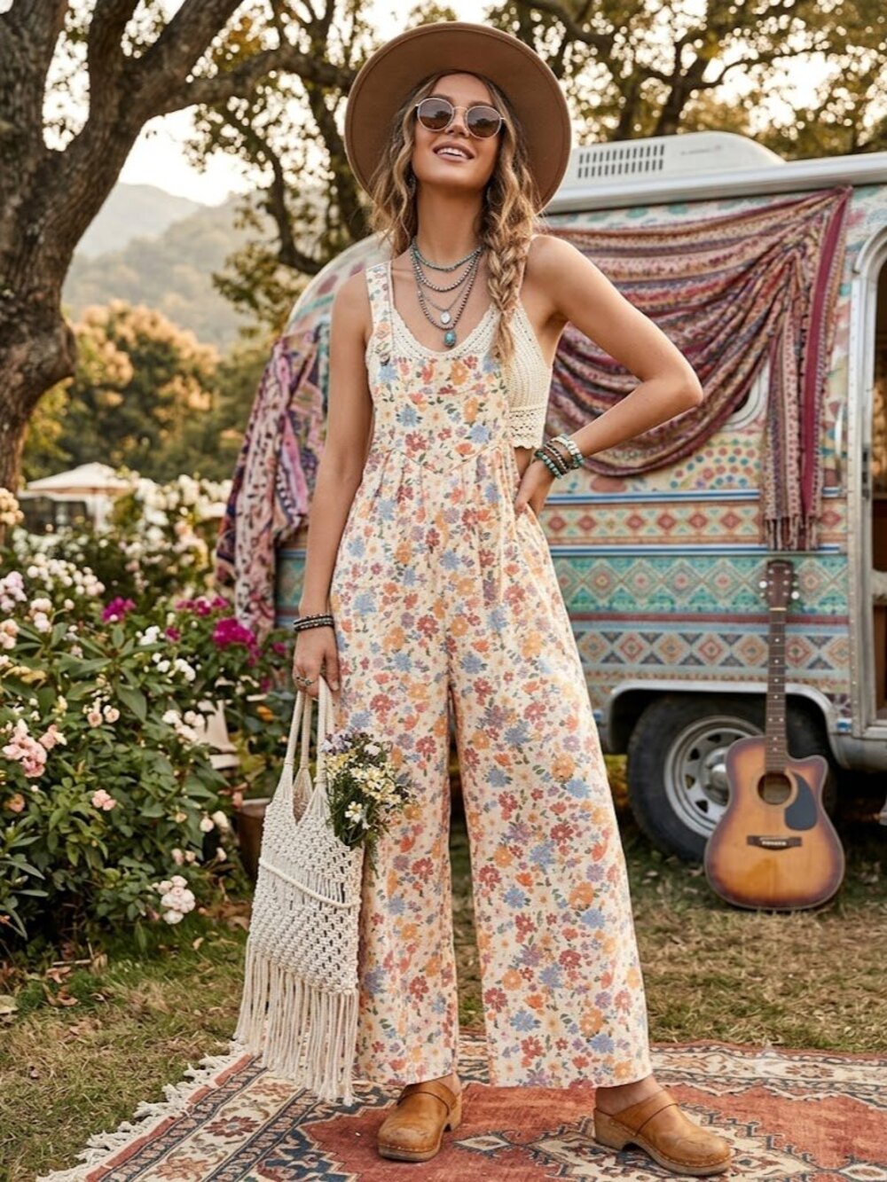 Bibi Floral Cream Overall Jumpsuit with Orange & Blue Flowers